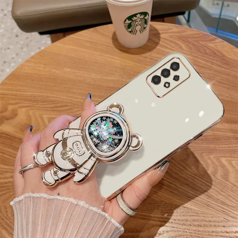 삼성 갤럭시 A73 5G 휴대폰 케이스 커버, 부드러운 실리콘 럭셔리 도금, 만화 곰 폴드 스탠드