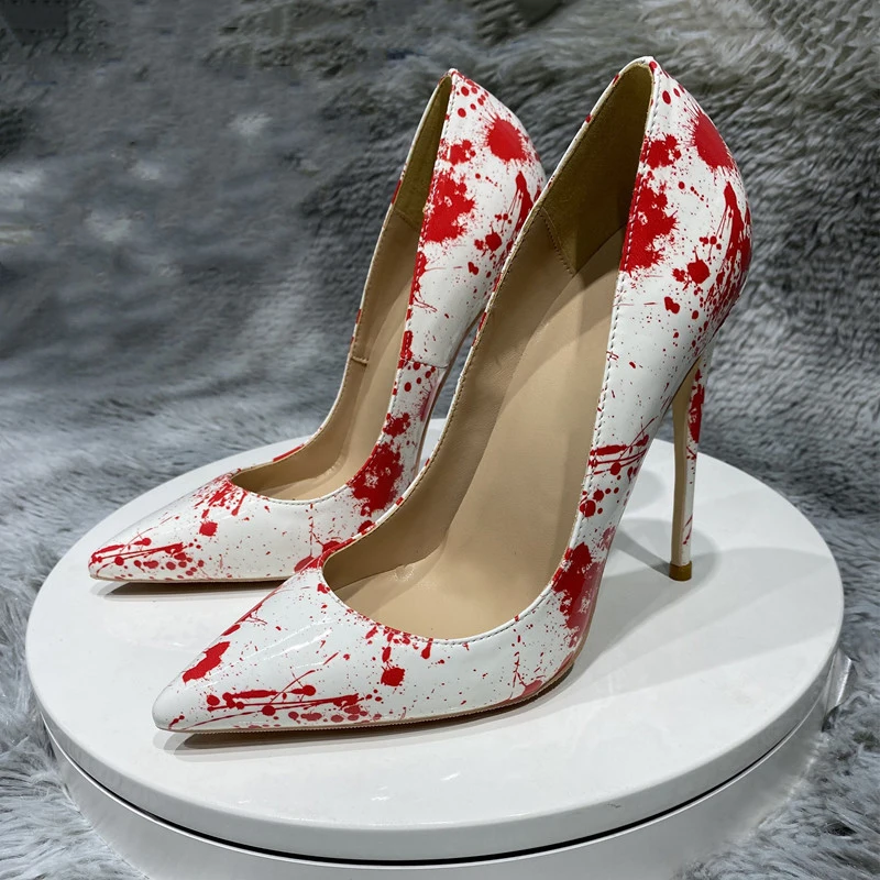 Tikicup المرأة الأبيض والأحمر رش طباعة أشار تو خنجر مضخات الكلاسيكية 12 سنتيمتر عالية الكعب أحذية السيدات لحفلات الزفاف والتاريخ