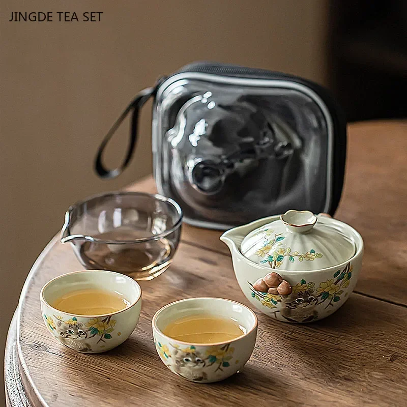 

5pcs Ru Kiln Ceramic Tea Set Portable Beauty Gaiwan Custom Tea Pot and Cup Set Outdoor Travel Tea Pot Exquisite Filter Teapot