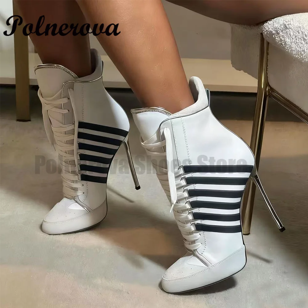 รองเท้าผ้าใบหุ้มข้อสูงแบบแพทช์เวิร์คสำหรับผู้หญิง รองเท้าบูทหุ้มข้อสีผสม หัวกลม ผูกเชือก ส้นสูง รองเท้าผู้หญิง รองเท้าบูทผู้หญิง