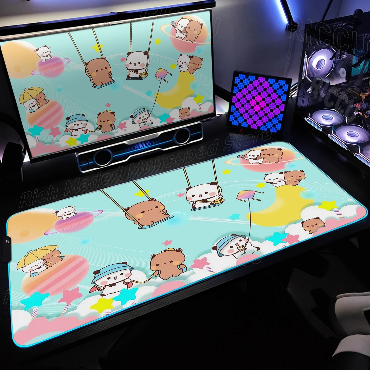 

Коврик для мыши RGB BuBu DuDu, резиновый, милый, HD, для стола, увеличенный игровой коврик для клавиатуры, большие аксессуары для ПК, XXL, геймерский LED коврик для мыши