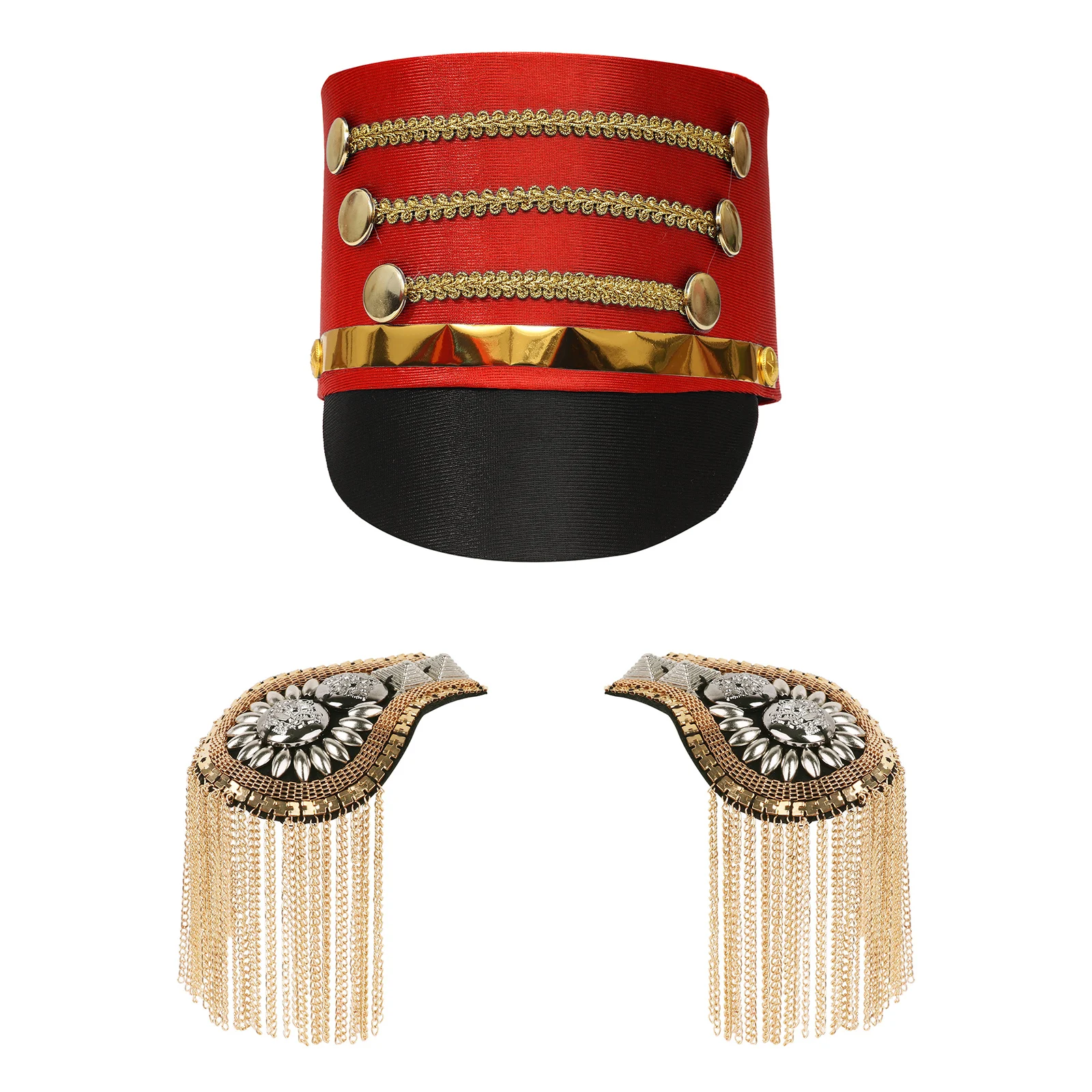 Red Top Hat Carnival Cosplay Knight Costume Drum Team Hat Majorette Soldier Band Cap And Tassel Epaulet Shoulder Boards Dress Up