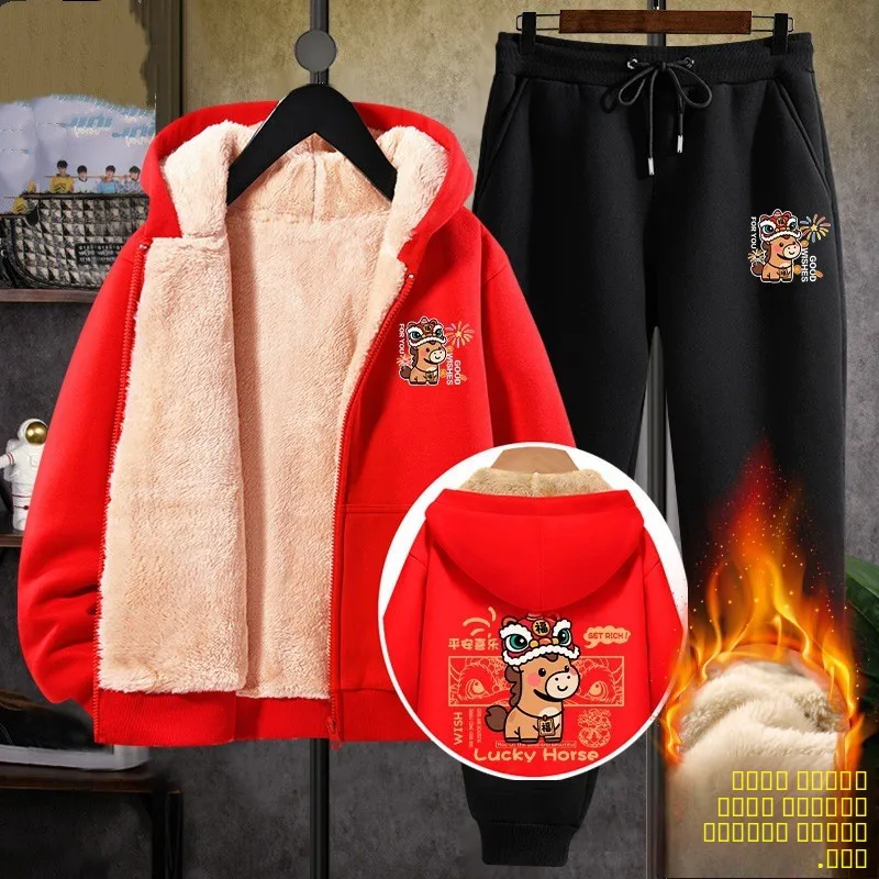 

Красный утепленный мужской свитшот на флисовой подкладке, праздничный комплект одежды для подростков на Новый год, повседневная одежда из полиэстера