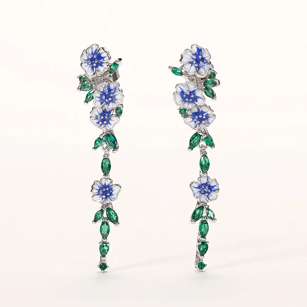 Vintage Temperament Blue Drop Glaze Flower Green Zircon Long Earrings for Women Romantic Dangle Earrings Stainless Steel Jewelry