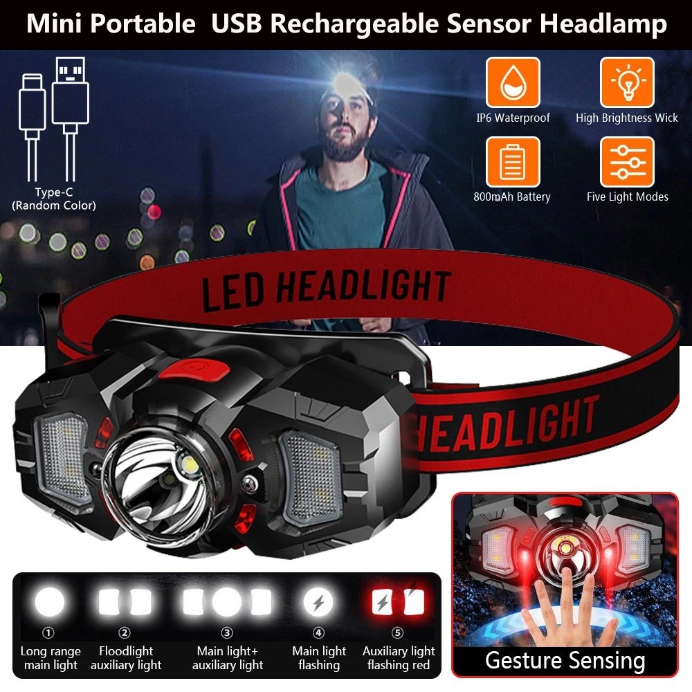 Mini tragbare USB wiederauf ladbare Sensor Scheinwerfer 5 Modi Scheinwerfer mit Cob Red Seiten lampe Outdoor Camping Jagd Taschenlampe