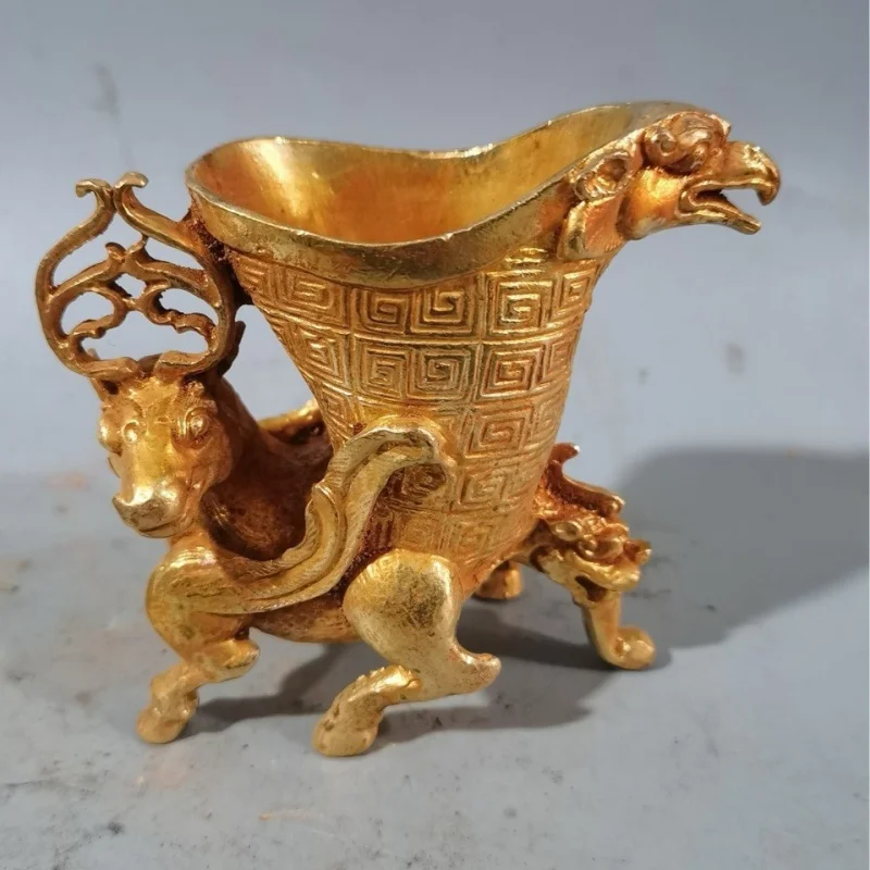 Antique Distressed Alloy Gilding Carved Deer Cup Gilding Decoration Living Room Antique Opening Gift Home Crafts