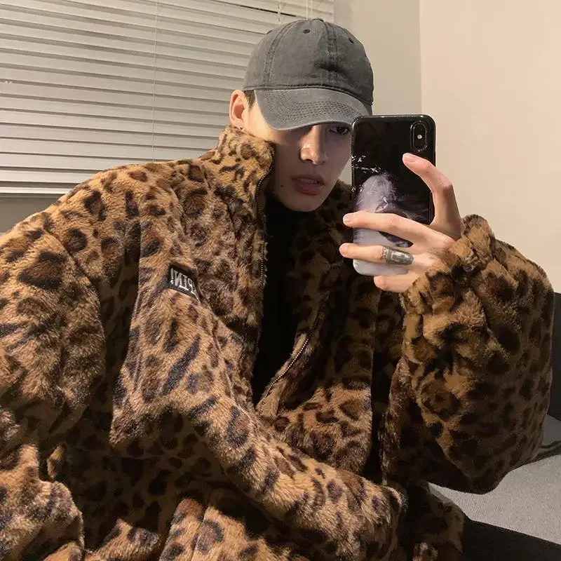 Kurtka polarowa w panterkę dla kobiet i mężczyzn, modna jesienno-zimowa kurtka z kapturem na zamek błyskawiczny, luźna, bawełniana, wiatroodporna.