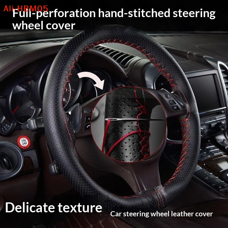 (HB05)Hand Sewn Car Steering Wheel Protective Cover Leather Breathable Anti Slip Universal 38cm Elastic Band Texture Decor