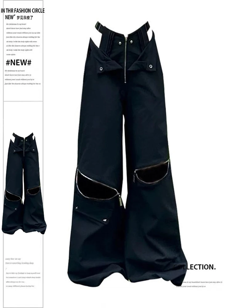 Y2k Fairycore Hollow Out Zipper Sexy High Waist Women Pants Chic Fashion All Match Harajuku Drawstring Wide Leg Trousers