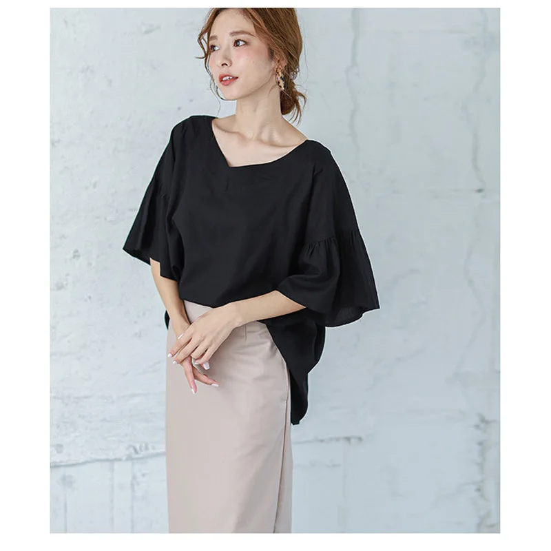 롯데 일본 및 한국 스타일 여성 반팔 셔츠 브이넥 러플 오프숄더 루즈 솔리드 컬러 캐주얼 삼분의이 소매