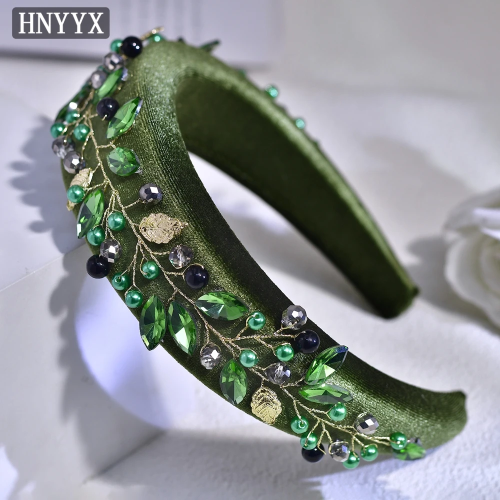 HNYYX Baroque Court Headband Retro Green Wide Head Hoop Crystal Hair Accessories for Women Prom Street Shot Gift Headpiece A275