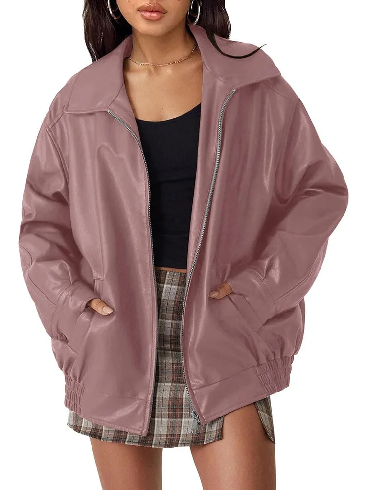 여성용 단색 롱 슬리브 가죽 재킷 캐주얼 슬림핏 코트 폴리에스터 소재 겨울 컬렉션