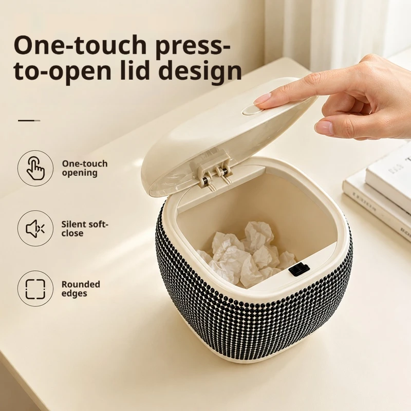 Luxurious Sparkling Diamond One-Touch Open Car Trash Can, Silent and Leak-Proof Mini Car Storage Bin, Universal for Car Trunk and Dashboard, Dual-Use for Home and Desktop, Diamond-Encrusted Trash Storage Bin, Available in Multiple Colors