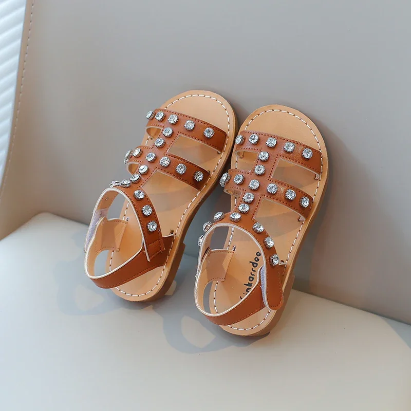 Girls Summer Sandals Rhinestone Crystal Princess Sweet Kids Flat Summer Beach Shoes Fashion 2024 New Classic Soft Open Toes Cute