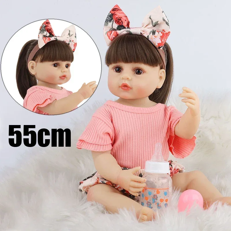 55cm Cute Reborn Baby Doll Straight Bangs Bow Hairpin Vinyl Can Be Washed Birthday and Christmas Gift