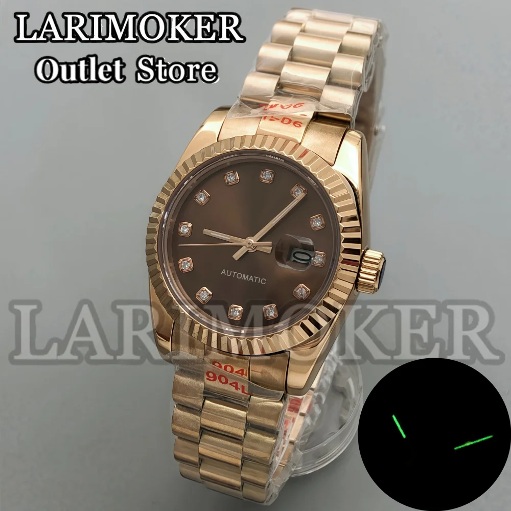 LARIMOKER Rose gold 31mm Automatic Women's Watch Brown Sunburst dial NH05 movement Sapphire Glass Diamond Index