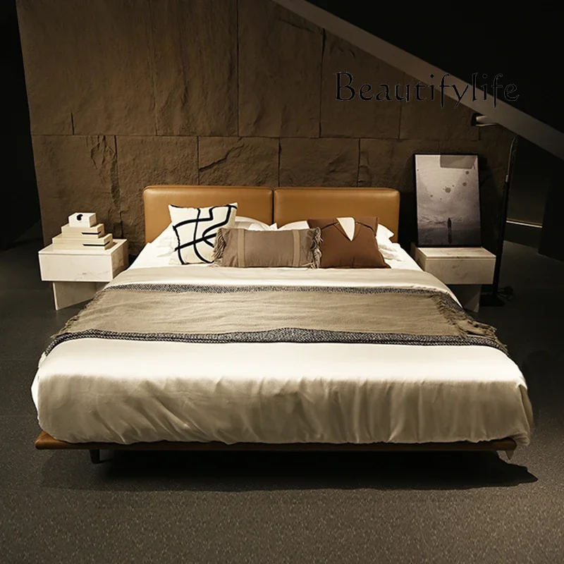 M /Italian Minimalist/imported First Layer Cowhide/thin Bedside Suspended High Foot Flush Edge Bed Double Leather Bed