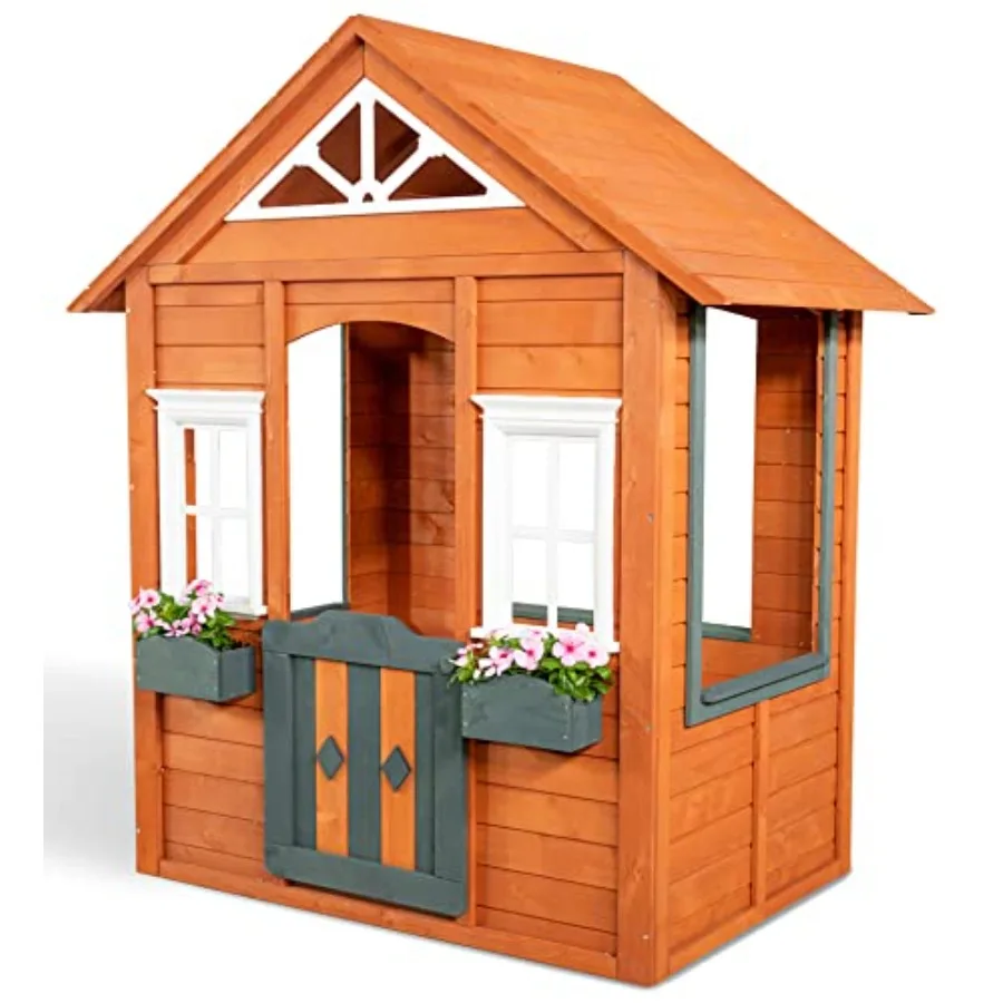 

Wooden Outdoor Backyard Playhouse with Flower Boxes, Red