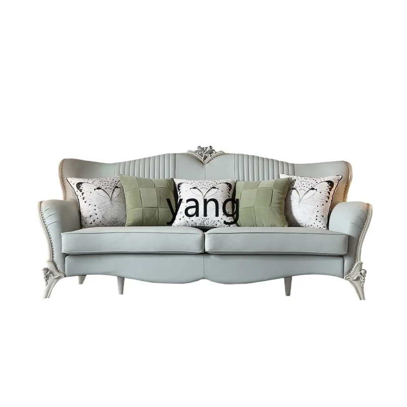 

LTT French light luxury leather solid wood sofa large apartment European villa carved mint green sofa combination