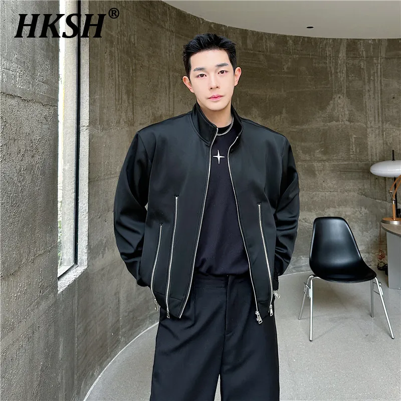 

HKSH Autumn Winter New Men's Tide Fashion Personalized Multi Zipper Design Short Jacket Chic Dark Niche Stand Collar Coat HK2408