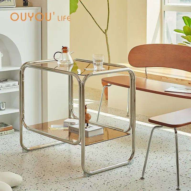 Nordic Modern Minimalist Light Luxury Glass Coffee Table Multifunctional Side Table Nightstand For Small Apartment Living Room