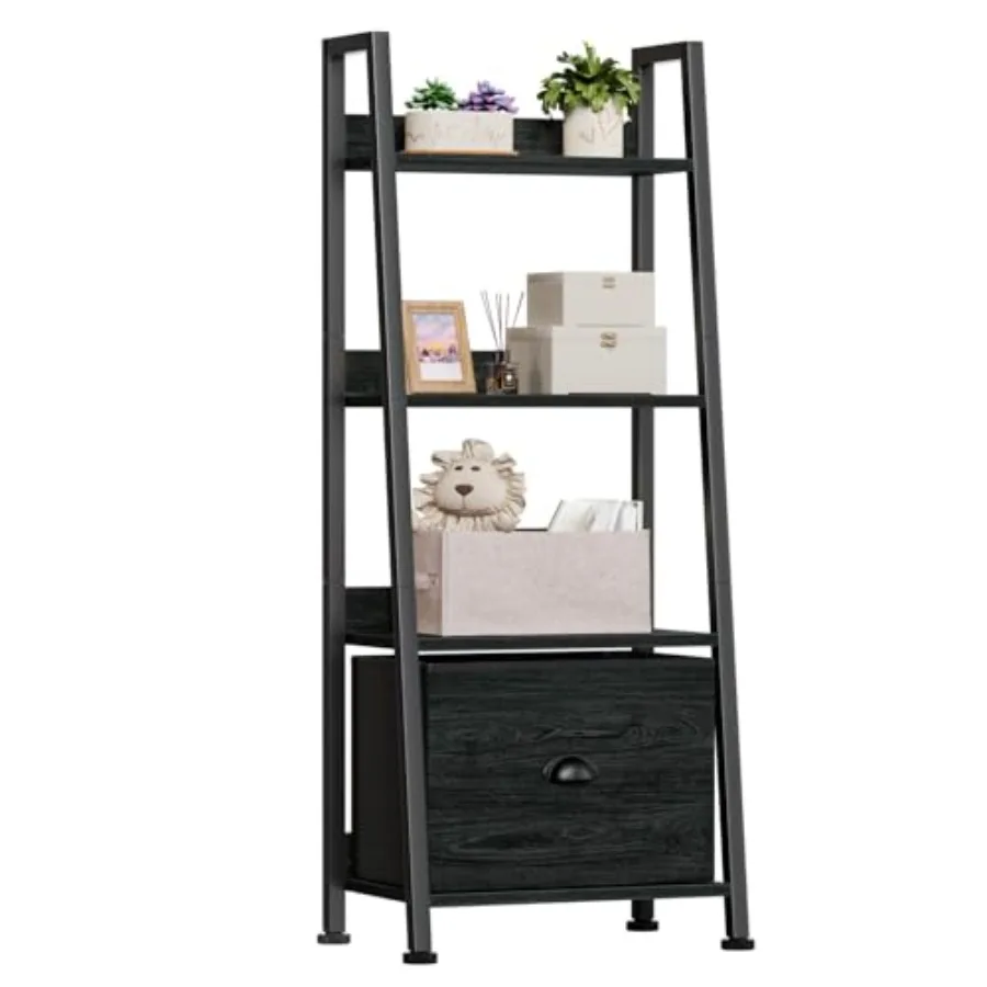 

4-Tier Ladder Shelf, Ladder Bookshelf with Removable Drawer, Bookcase Storage Rack Organizer, Freestanding Storage Shelves for