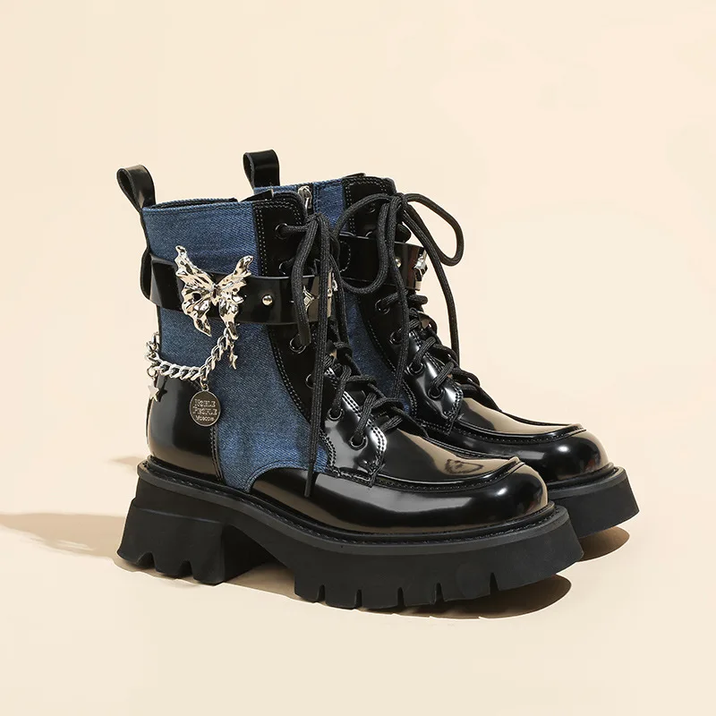 

Women Shoes Exquisite Metal Decoration Ankle Boots for Woman Fashion Platform Boot Height Increase6cm Designer Shoes Botas Mujer