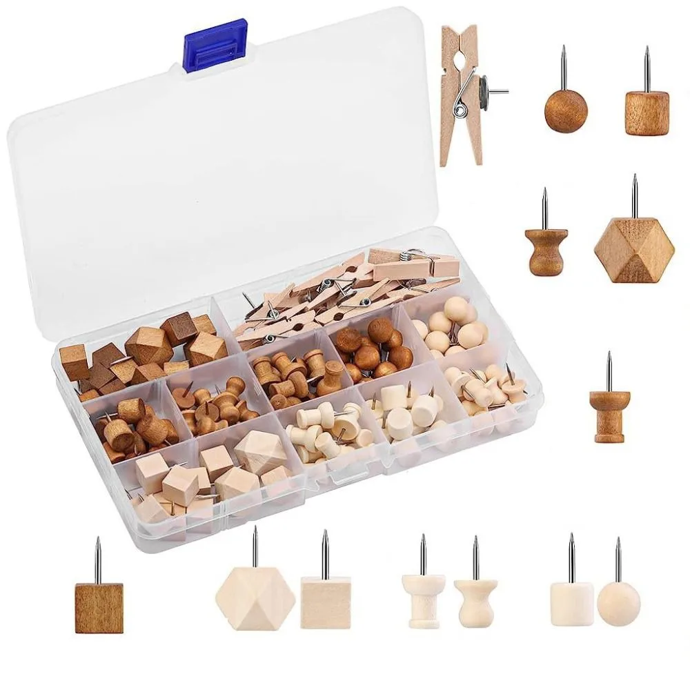114Pcs Decorative Wood Push Pins Various Style with Storage Box Drawing Thumb Tacks Fixing Photos Wooden Cork Board Thumbtack