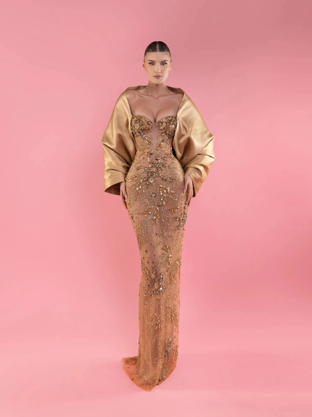 

2026 Golden Rhinestones Sequined Evening Dress See Through Straight Customzied Prom Gown With Cape Richly Fashion Party Wear