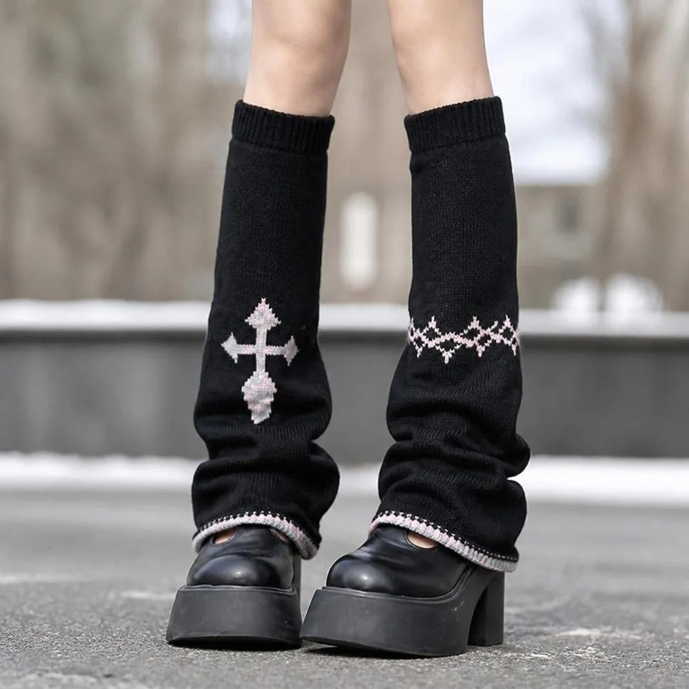 Y2K Asymmetric Knit Leg Warmers Stretch Knit Wide Leg Leg Covers Slouchy Fit Cross Pattern Slouchy Socks For Women Girls