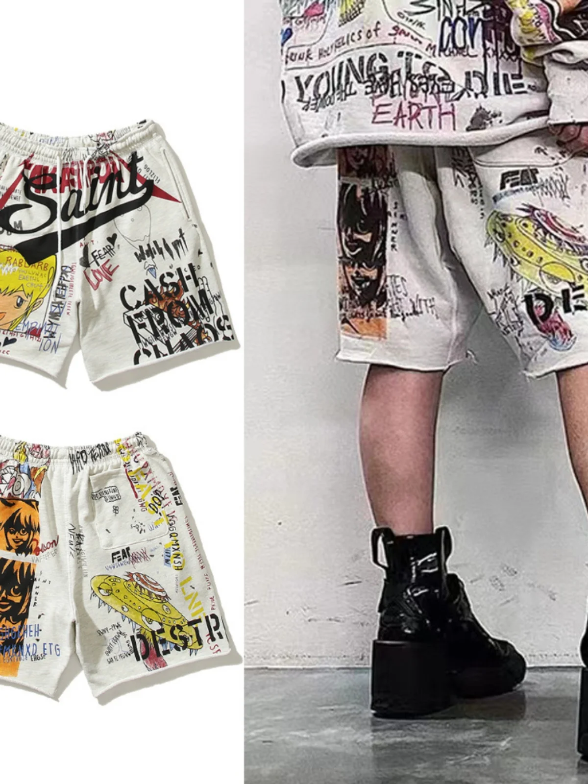 

Casual Loose Men's fiti Hand-dn Cartoon Street Manga orts Retro Sle Straight Leg ort Pants Summer Wear