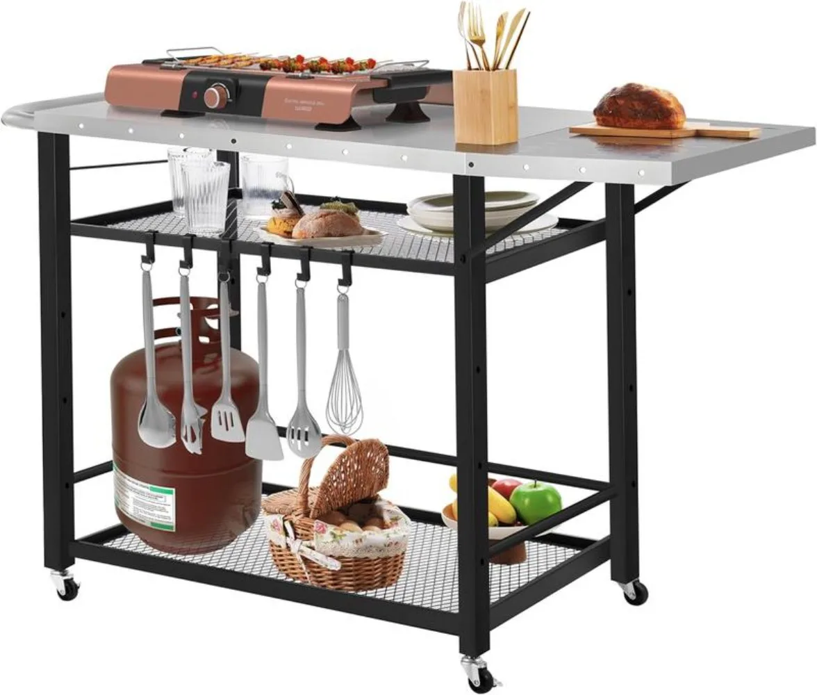 Outdoor Grill Cart Table with 4 Wheels, Movable Pizza Oven Stand Table with Foldable Side Table, 3-Shelf Outdoor Cooking