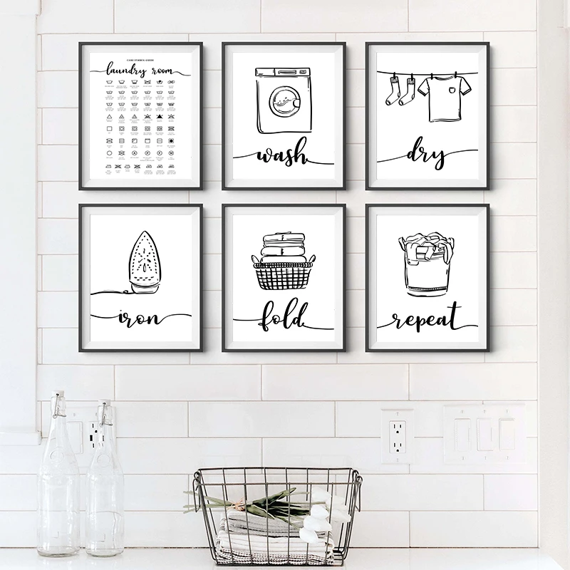 Minimalist Black and White Stick Figure Wall Posters and Prints Canvas Painting Unframed Pictures for Laundry and Washroom De