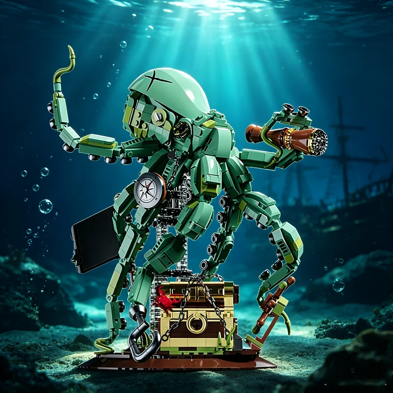 Pirate Squid Building Blocks Mechanical Kraken Deep Sea Predator Model With Adjustable Tentacles Treasure Chest Kids Toys Gifts