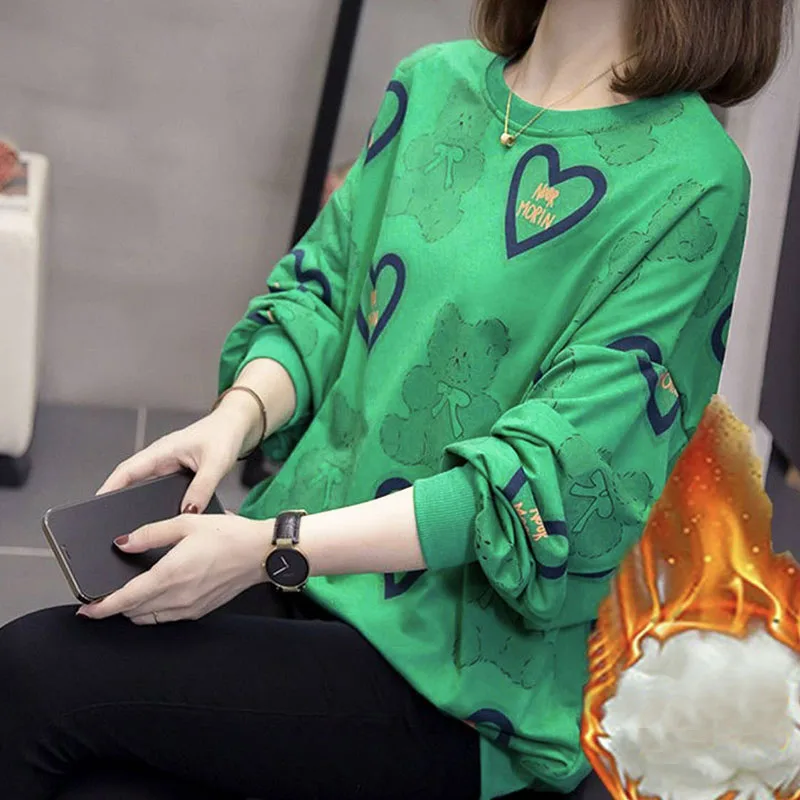 

Women's Oversized O-Neck Hoodie, Casual Pullovers, Plus Velvet T-Shirt, Female Chic Tops, Thick, New Fashion, Spring, Autumn,