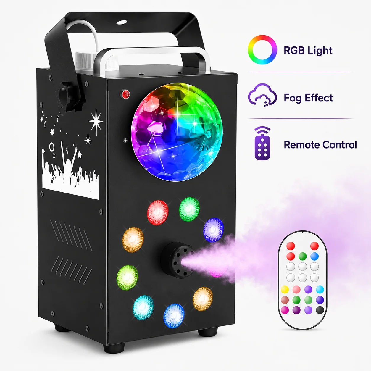 Fog Machine, 700W Smoke Machine with 3500 CFM Fog, 9 LED Colorful Lights and Disco Ball Light with Auto & Strobe Effect, Hallowe