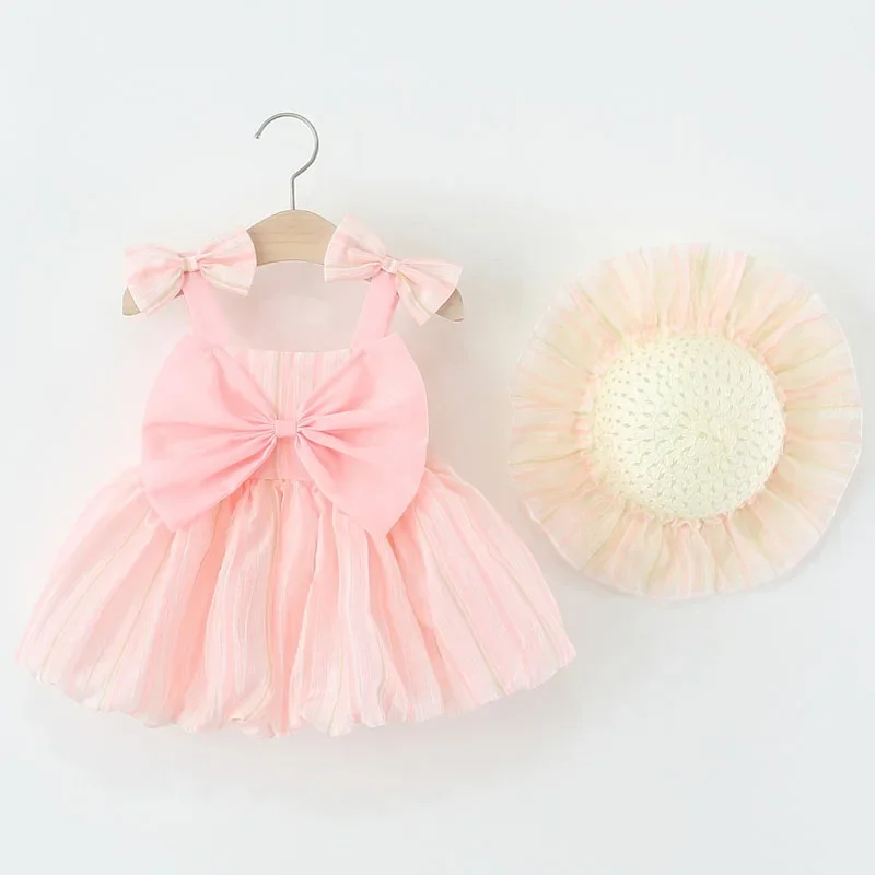 

2Piece Sets Summer Infant Girl Clothes Korean Fashion Cute Big Bow Sleeveless Beach Princess Baby Dress+Sunhat Kids Dresses B028