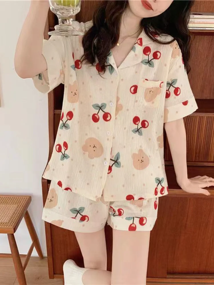 

Woman Pajamas Summer Ins Short Sleeves Shorts Sleepwear Set Girl Cute Wear Outside Lounge Clothes Pure Cotton Student Homewear