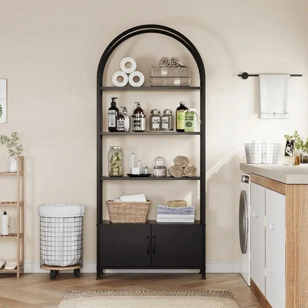 Arched 4-Tier Bookshelf with Louvered Doors – 71.5 Inch Tall Industrial Bookcase, Sturdy Metal Frame, Wood Shelves, Freestanding Storage Display Rack for Office, Bedroom, Living Room – Black