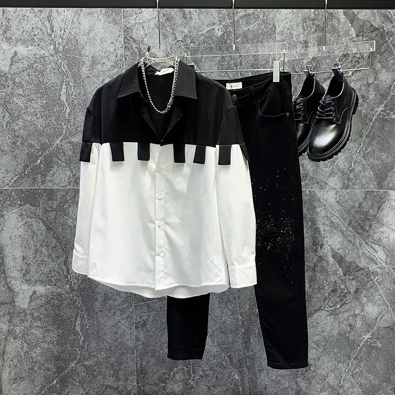 

Casual Loose Long Sleeve Color Block Shirt Youth Fashion Trend Spring Autumn Seasonal Wear Comfortable Breathable Cotton Fabric