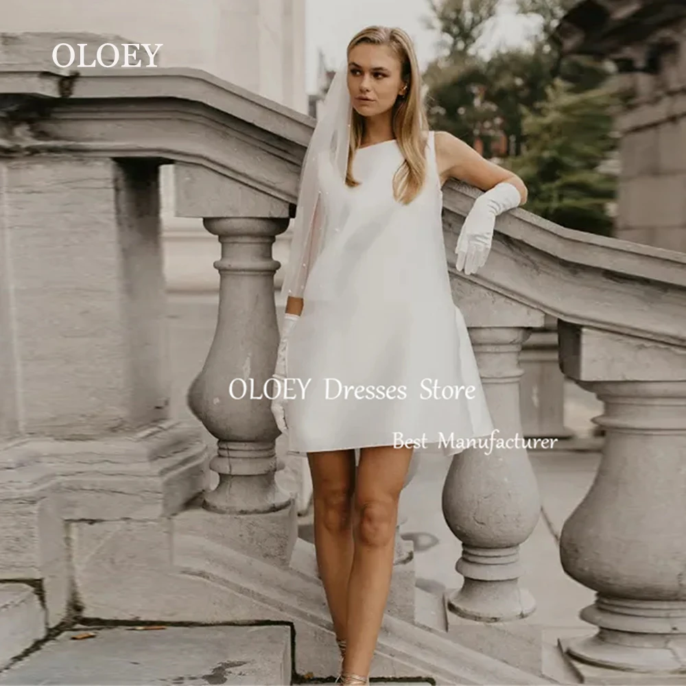 

OLOEY Simple Ivory Mini Wedding Dress Sleeveless Short Bridal Gown Prom Cocktail Dress Pleats Satin Prom Gown Zip Back Custom