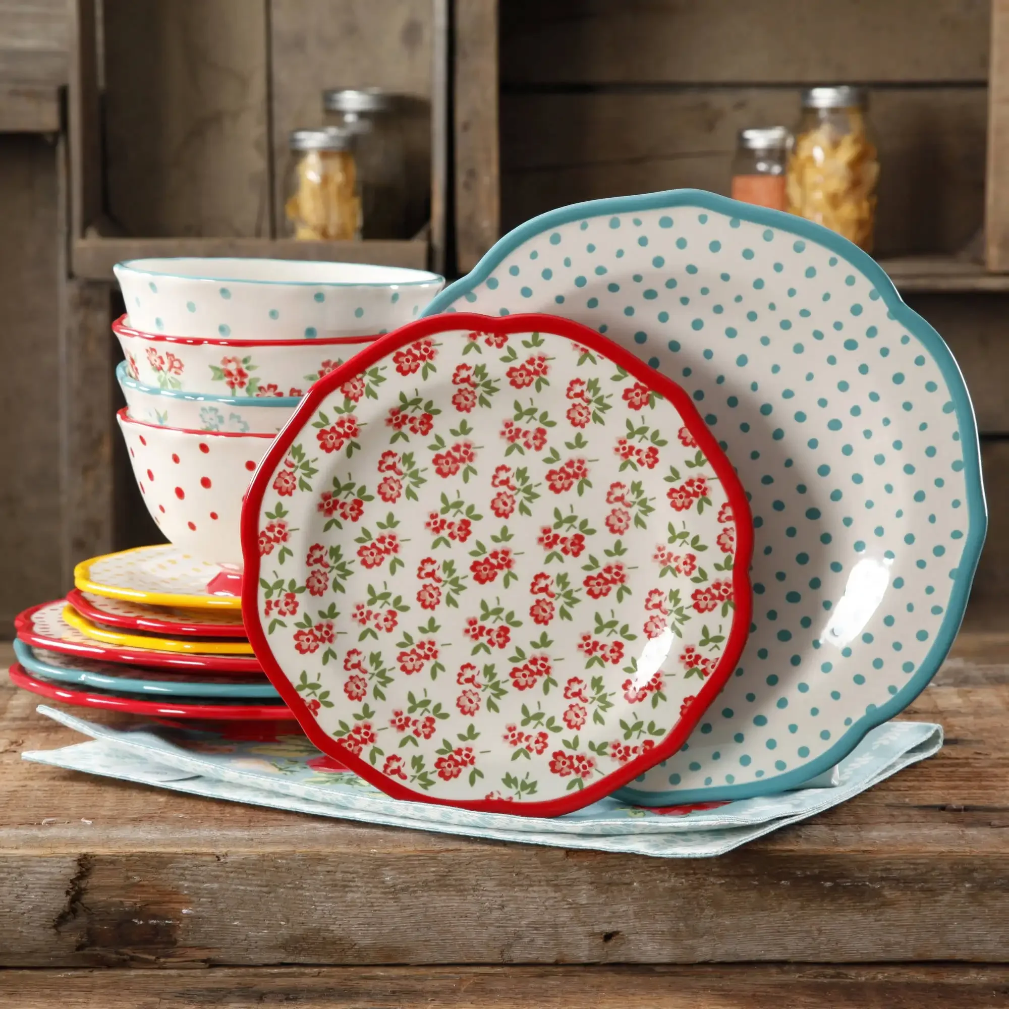 

Timeless floral and retro dot 12-piece multicolor dinnerware set