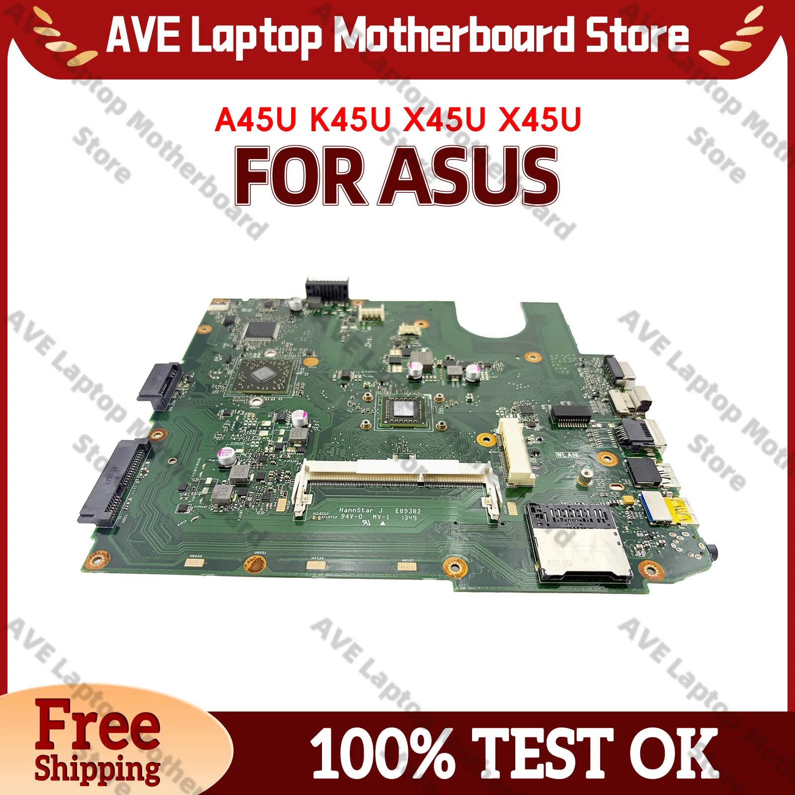 Placa-mãe para laptop ASUS VivoBook X45U K45U A45U X45U com CPU, 100% testada, envio rápido, em estoque.