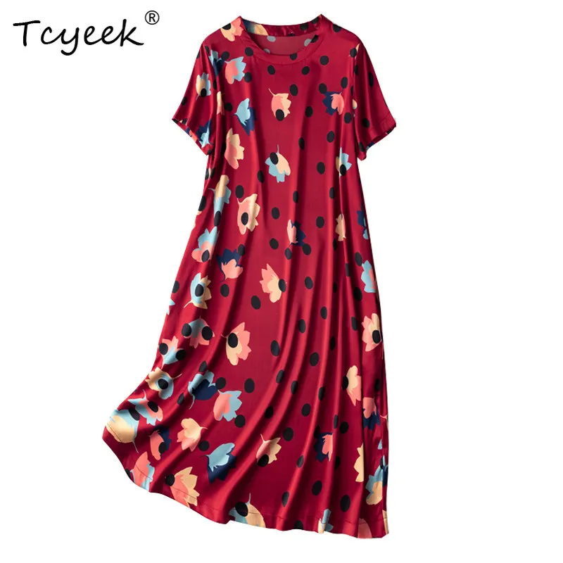 

Tcyeek 22Momme 93% Mulberry Silk Summer Dress Women Long Dress Fashion Dresses Female Clothing Print Loose Waist Платье Женское