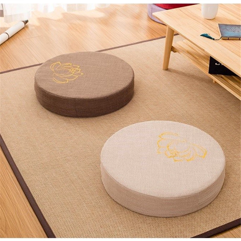 Round Thickened Lotus Embroidery Linen Seat Pads Chinese Style Futon Sitting Mat Simple Solid Color Living Room Tatami Cushion