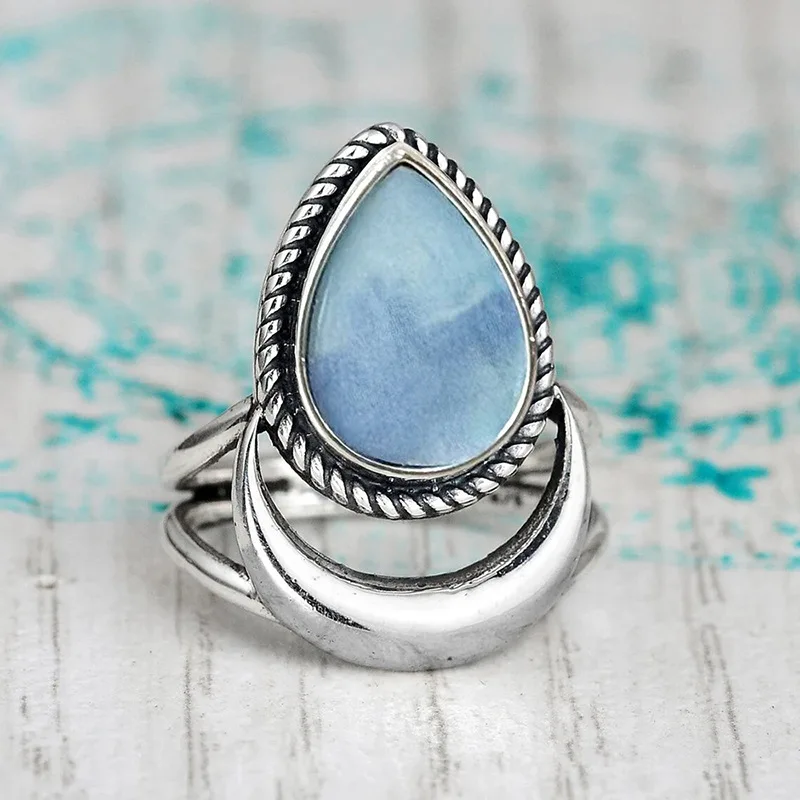 European and American Fried Dough Twists Lock Edge Water Drop Retro Ring Female Sky Blue Romantic Sky C-shaped Moon Accessories
