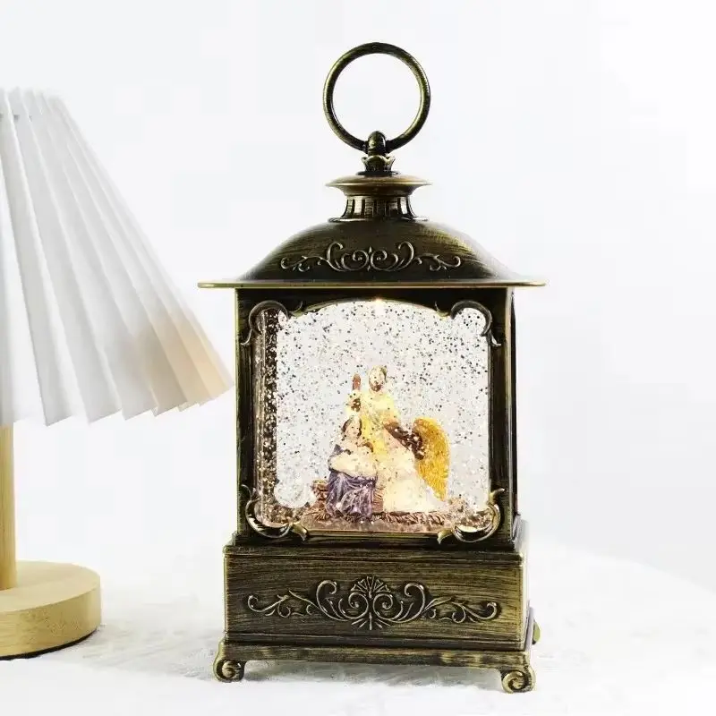 Carillon natalizio con lanterna e globo di neve con luci glitterate vorticose, ornamento di Babbo Natale, regalo per bambini, giocattolo vocale elettronico