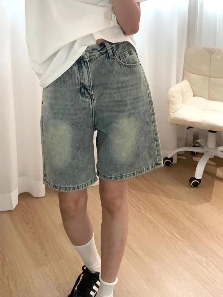 HOUZHOU Vintage Washed Jorts Women Y2k Blue Baggy Five-point Denim Shorts Grunge Retro Harajuku Casual Wide Leg Jeans Streetwear
