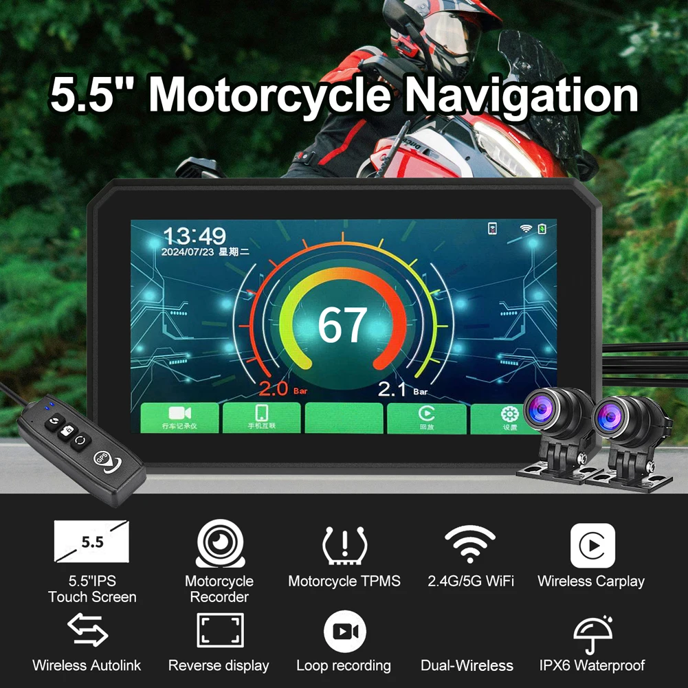 5.5 Inch Dash Cam Touch Screen Wireless Carplay Android Auto Motorcycle Video Camera Mirror Link Loops Recording Parking Monitor