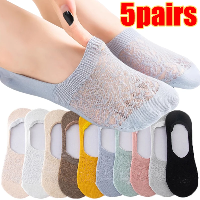 

5pairs Women Invisible Lace Boat Socks Summer Silicone Non-slip Chaussette Ankle Low Female Cotton Show Breathable Calcetines